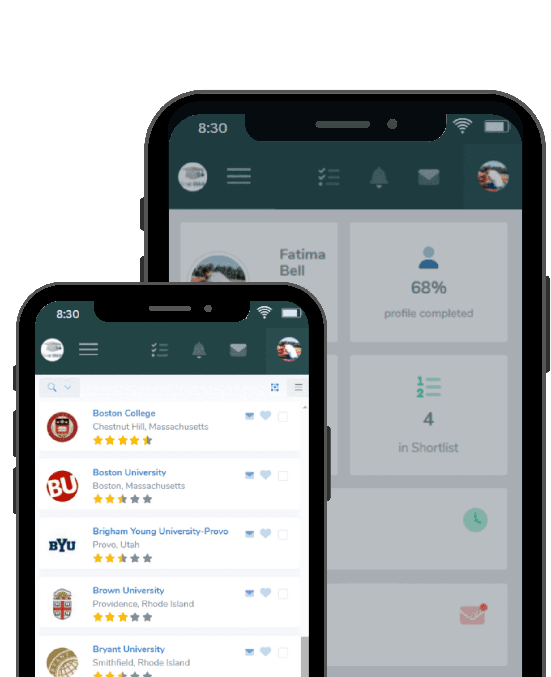 Smarthlete recruiting app - Access college database and matches anywhere on mobile Smarthlete mobile app interface showing recruiting profile with college matches and ratings on two smartphone screens.