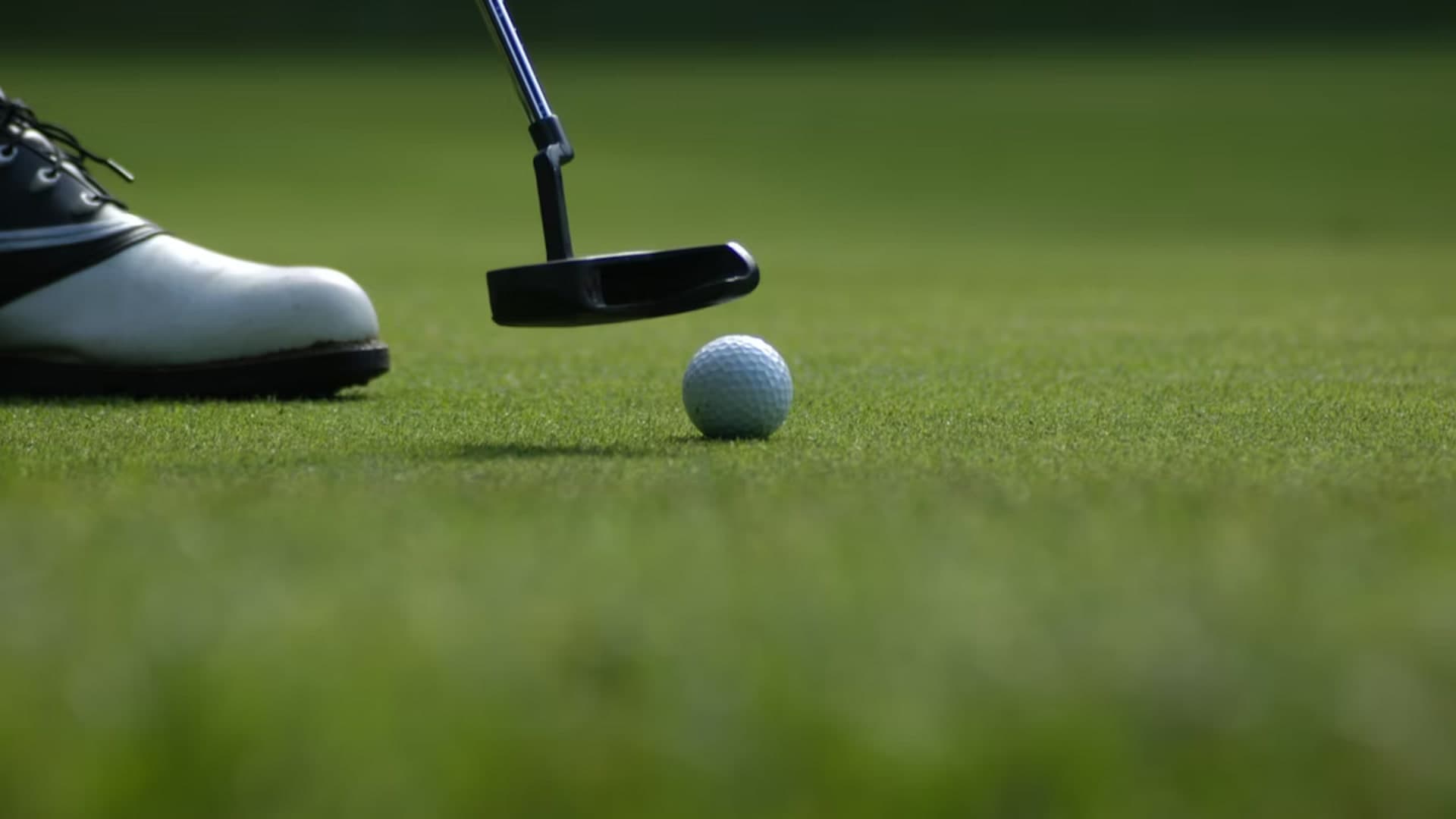 College Golf at the University of Denver | Arthur Akpinar A close-up shot of a golfer's putter positioned behind a golf ball on a lush green putting green.