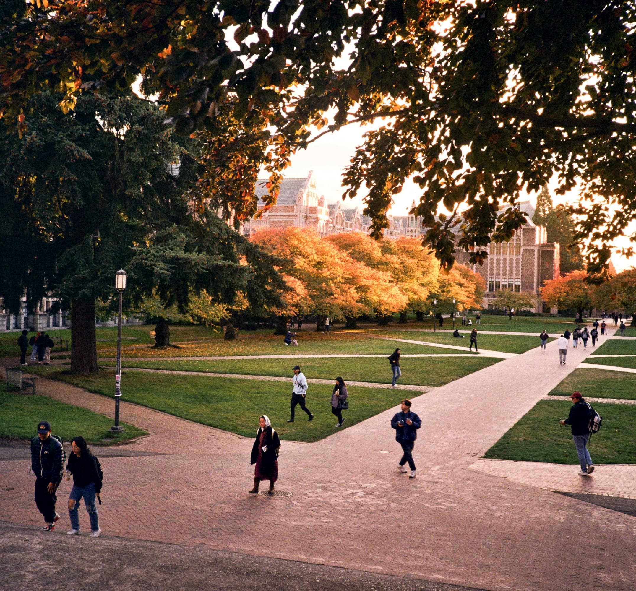 College Safety - Structured Supportive Environment College campus quad with students walking on brick pathway during golden hour