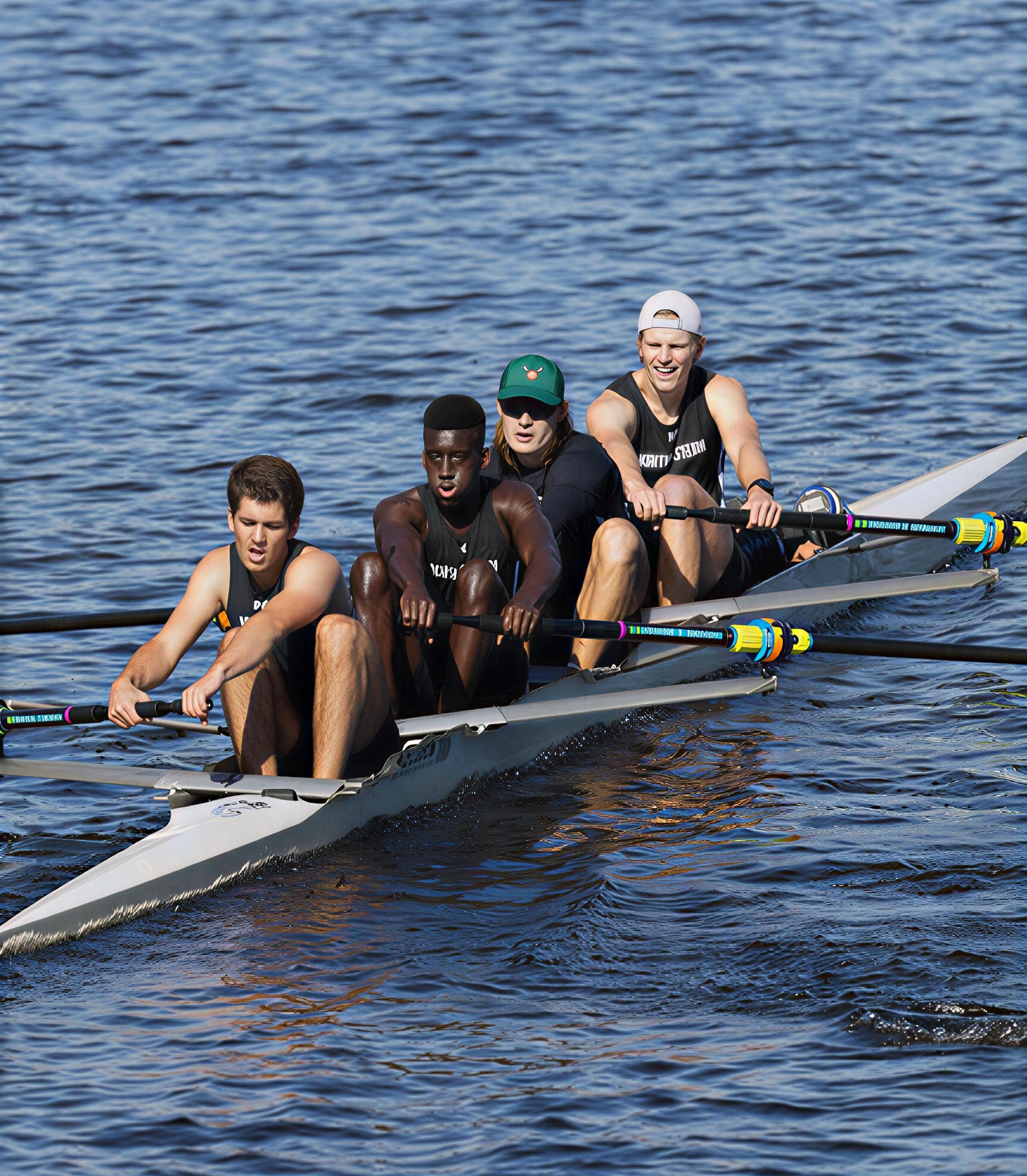 College Rowing Team Racing on the River | Smarthlete Four collegiate rowers in a boat on a river during a race.