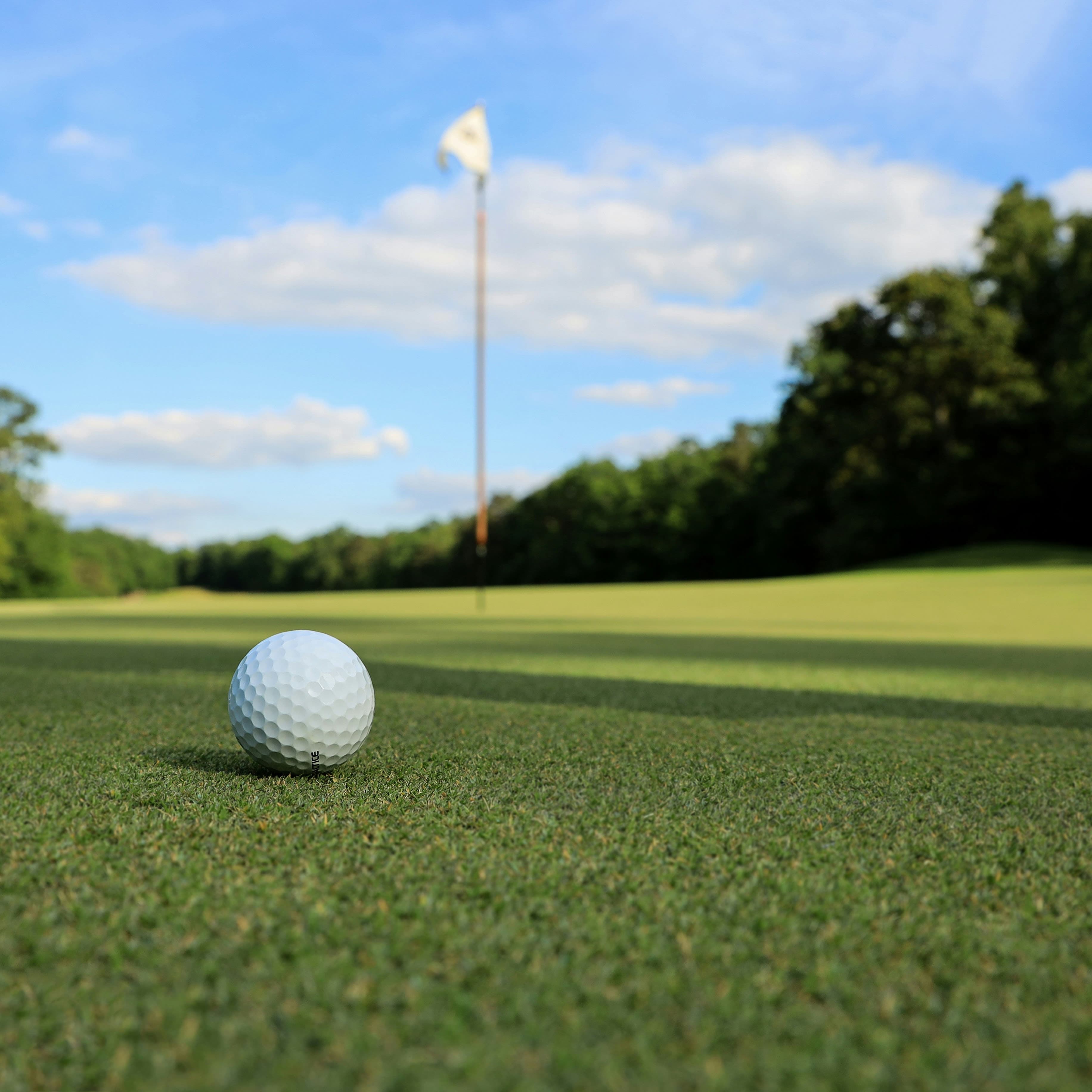 Golf Ball on Putting Green | College Golf Recruiting A white golf ball on a putting green with a flagstick in the blurred background.