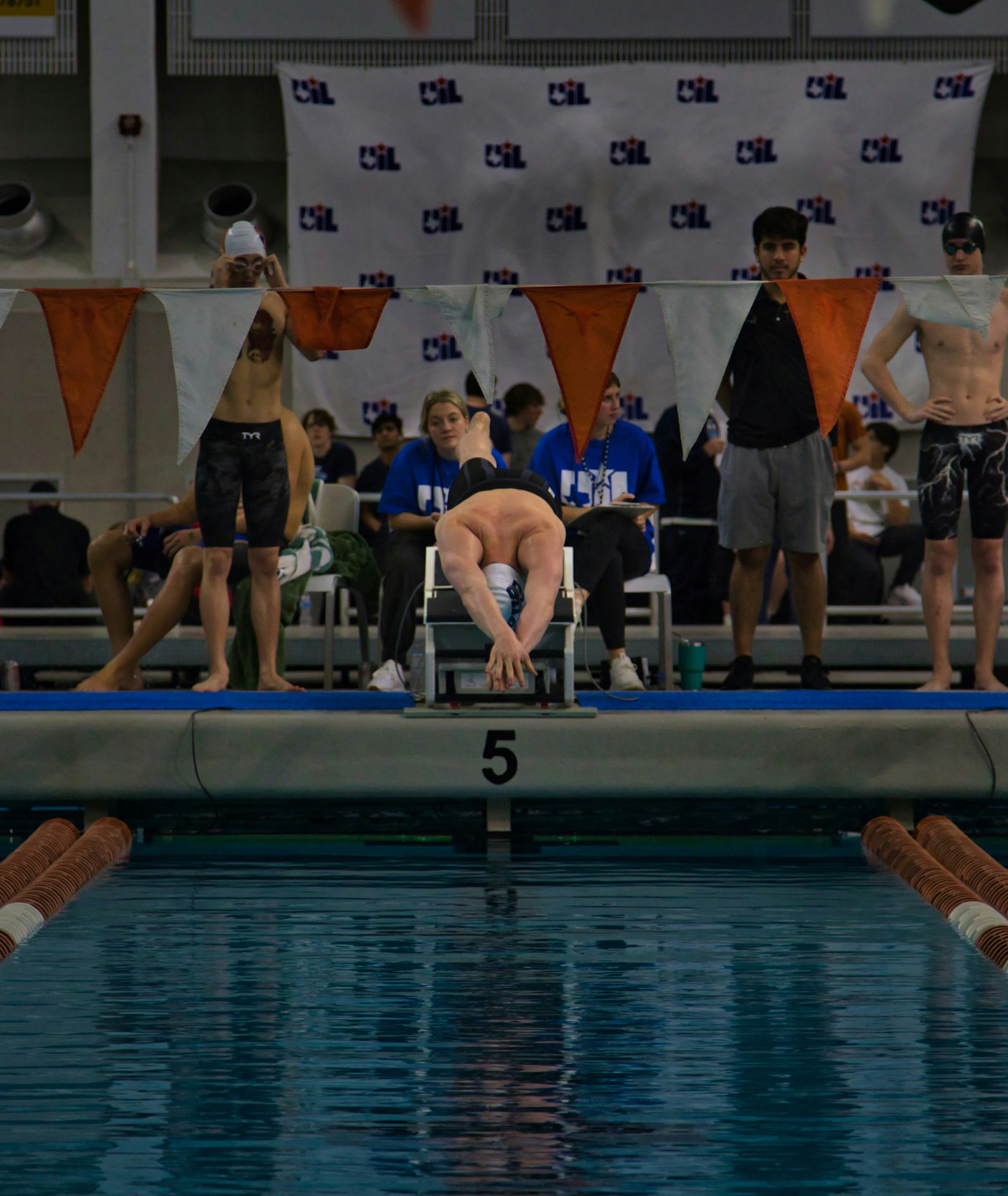 A swimmer has started the race, shortly before diving into the water. College swimmer diving.