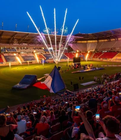 Wörthersee Stadium during the United World Games View of Wörthersee Stadium during United World Games with many spectators and festival-like atmosphere.