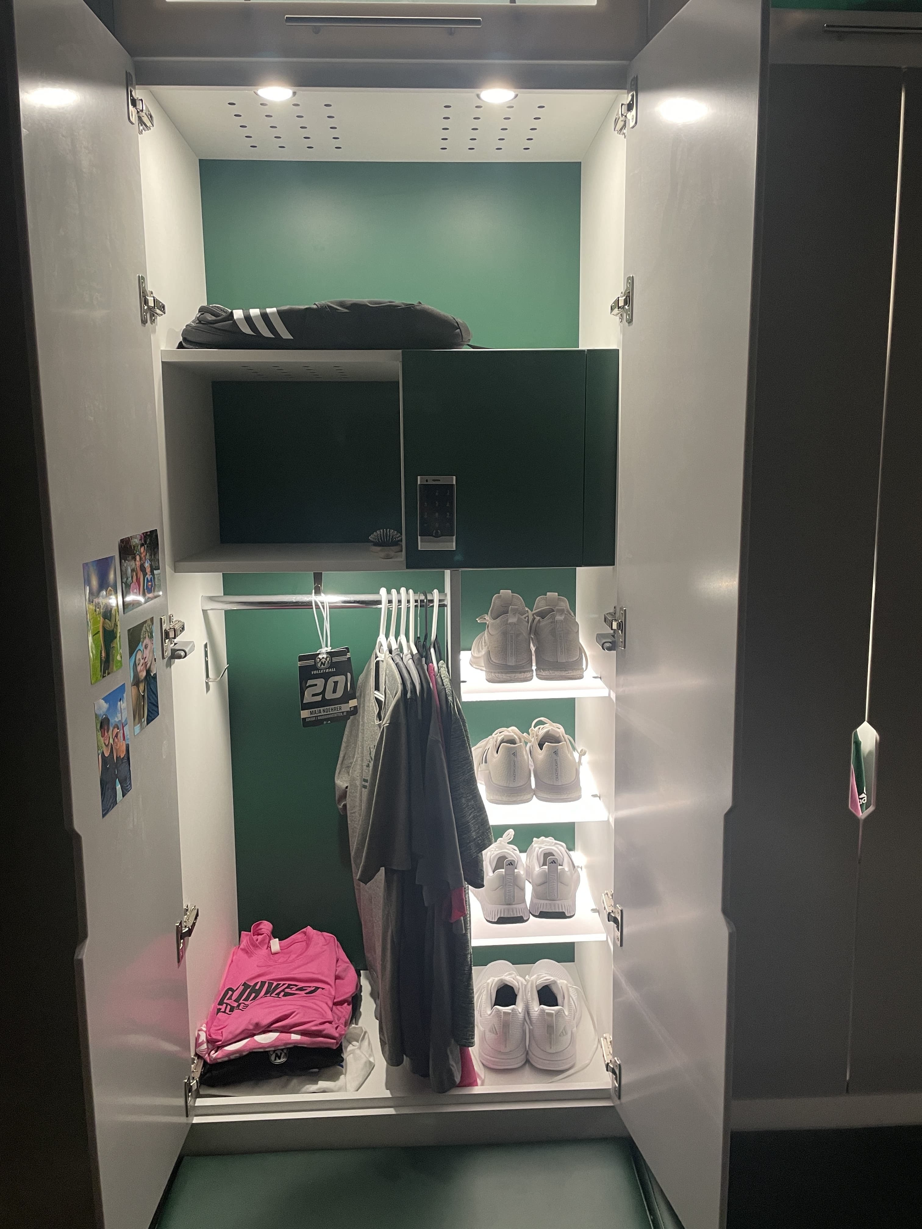Northwest Missouri State University Volleyball Locker Room College Volleyball locker at Northwest Missouri State University in green and white.